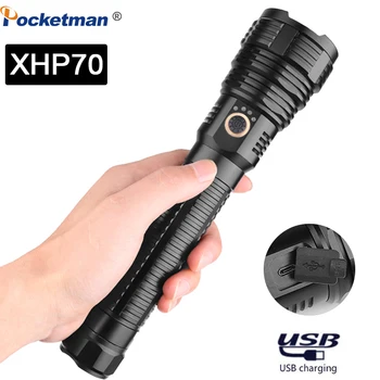 

Super Bright Zoomable Flashlight XHP70 Rechargeable Torch USB Charging Tactical Flashlight Use 18650 26650 Battery New Torch