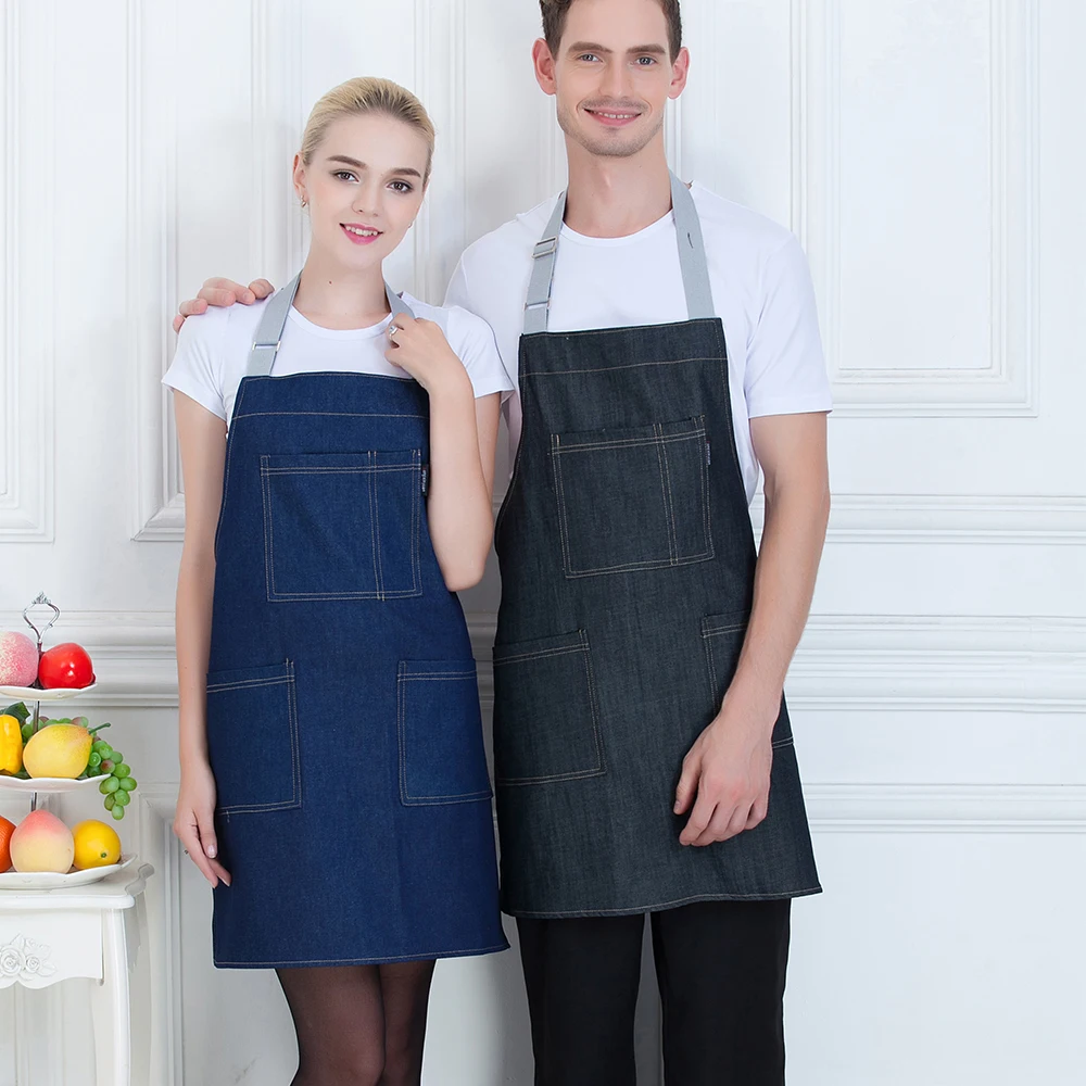 Denim Stripe Apron with Pocket Hanging Neck Women Men Kitchen Hotel Coffee Shop Bakery Chef Waiter Cleaning Work Wear Aprons new