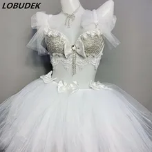 Рождество Rave вечерние бар клуб Женская сценическая одежда Хрустальный бюстгальтер белая сетчатая юбка наряд день рождения праздник певица танцор костюм