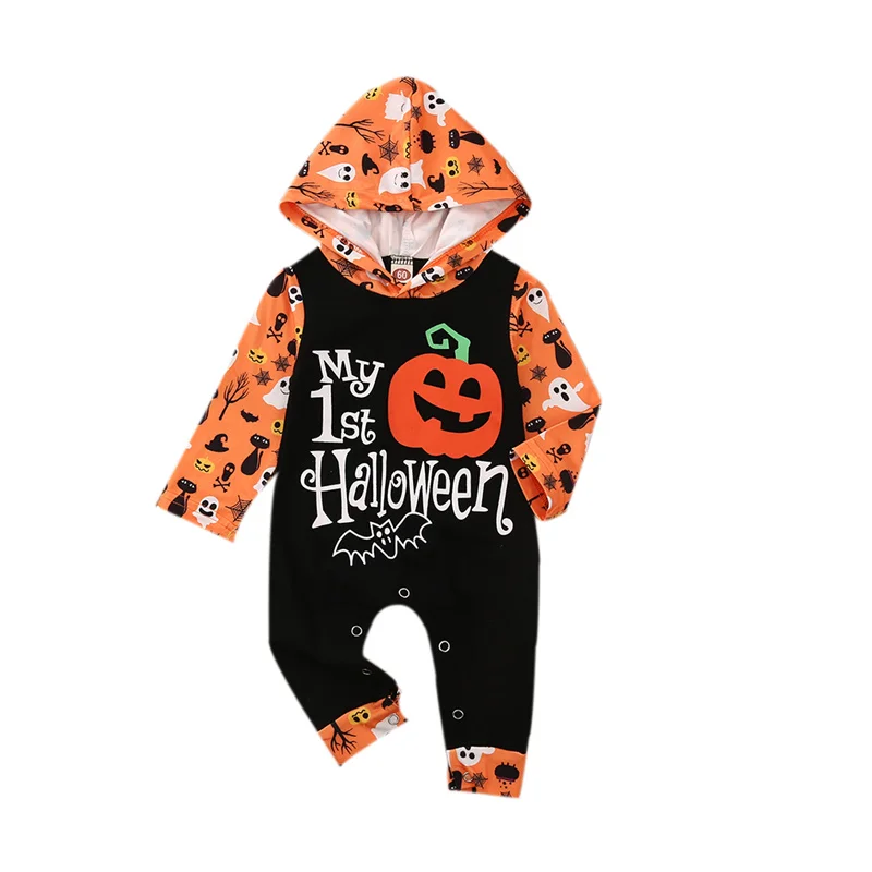 2020 Autumn Newborn Baby Boys Girls Ghost My 1st Halloween Pumpkin Letter Print Long Sleeve Hoodie Romper Jumpsuits Costume