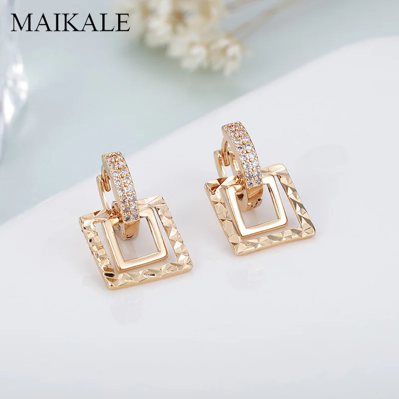 Женские серьги-гвоздики с фианитом MAIKALE, модные серьги золотистого/серебристого цвета в форме двойного круга с камнем геометрической квадратной формы, ювелирные изделия для подарка