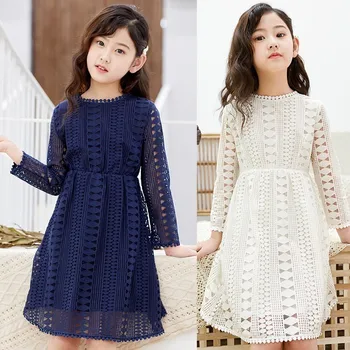 

Kids Dresses Teenage White Blue Wedding Party Dress Lace Girl Dress Long Sleeve Children Clothing Spring Autumn 6 8 10 12 14 16