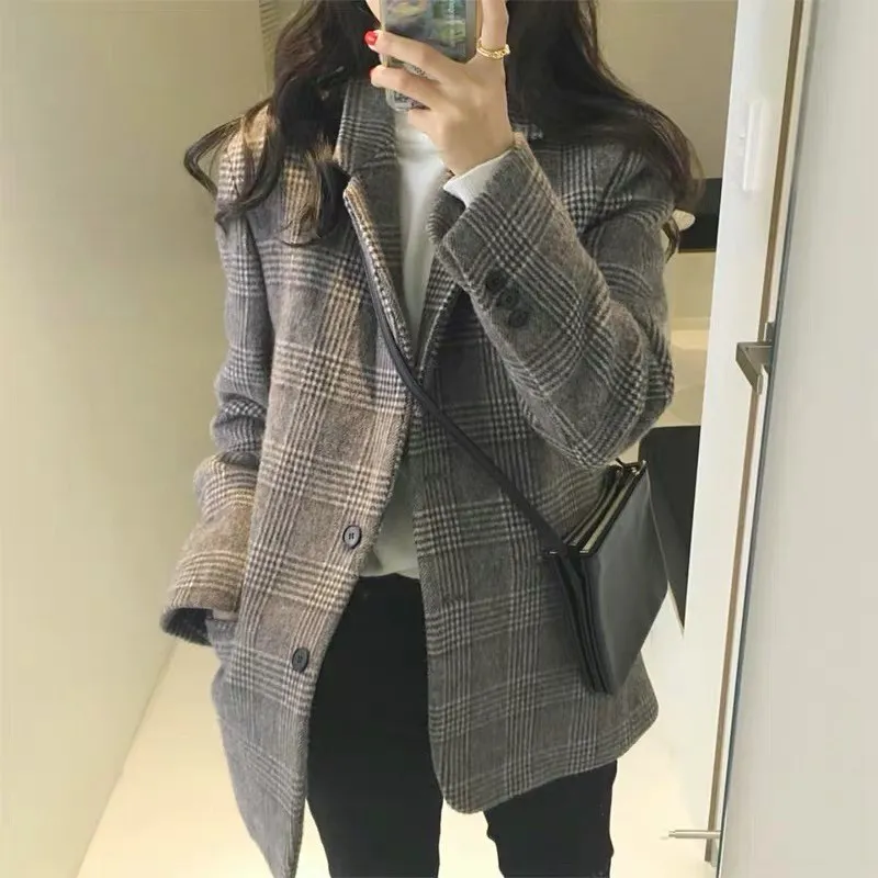 

Elegant winter plaid woolen blazer coat women autumn Causal long sleeve Office ladies wool suit blazer ka1130