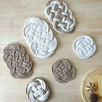 

2pcs/set Mats Pads Hand Woven Hemp Rope Mat Cup Mat and Heat Insulation Pad Placemats for Table Decoration