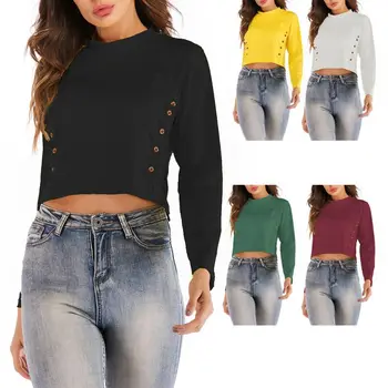 

Womens Plus Size Long Sleeves Turtleneck Casual Crop Top Solid Color Side Buttons Slim Fit Pullover Sweater S-5XL