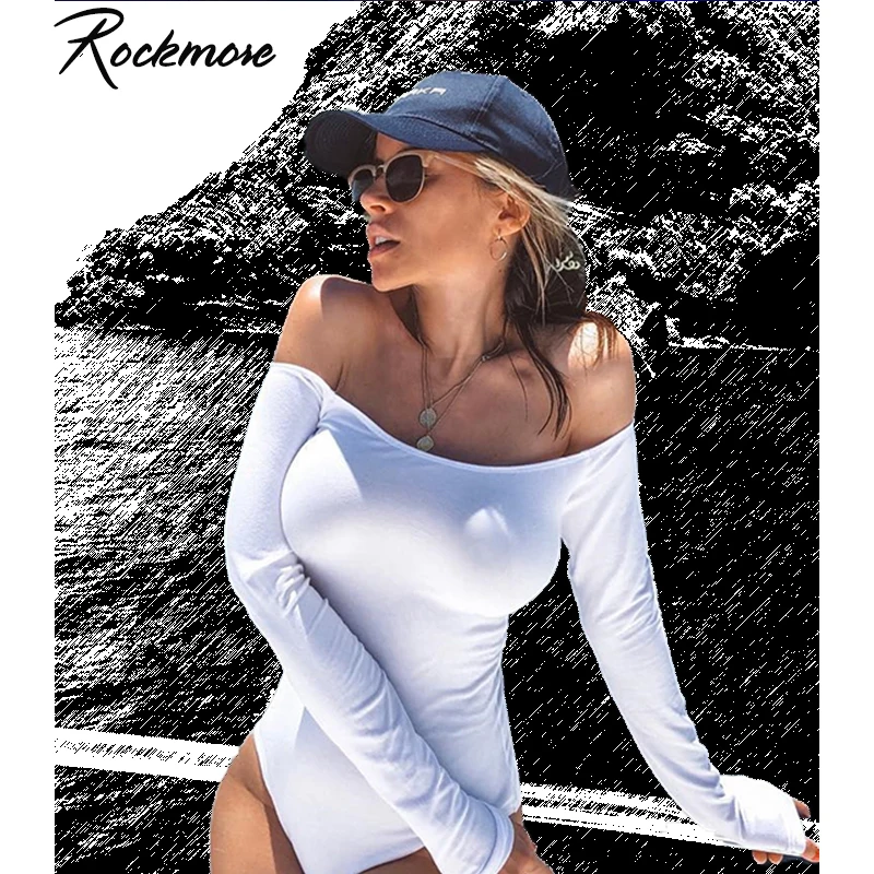 

Rockmore White Off Shoulder Sexy Bodysuit Women Less Is More Jumpsuit Slash Neck Bodycon Long Sleeve Bodysuits Winter Body Femme