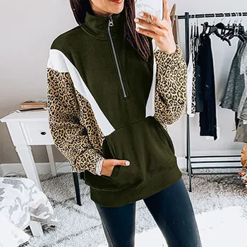 

Fashion Women Jacket Female Patchwork Hooded Jacket Basic Jackets Zipper Pockets Leopard Print Outwear Pullover Tops