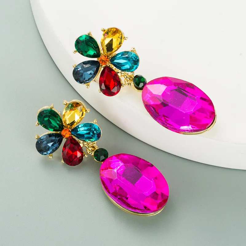 Elegant Fuchsia Crystals Zircons Long Drop Women Earrings Flowers Dangle Earrings Jewelry for Bridal Wedding Earrings Bijoux