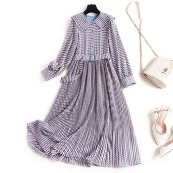 

2020 Spring New Fashion Peter Pan Collar Single Breasted Long Sleeves Printed Plus Size Belt Bow Chiffon Dress Women