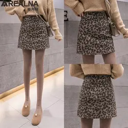 Осенняя винтажная леопардовая шерстяная клетчатая офисная мини-юбка с высокой талией, Корейская женская повседневная сексуальная зимняя