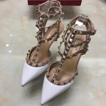 

Brand Women High Heel 10cm Sandals Genuine Leather Women Wedding Shoes Rivets Black/nude Classics V Right Logo Sandals 35-43