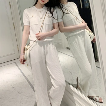 

ZCWXM 2020 New Spring Summer Woman 2 Piece Sets Matching Pants Knitting Casual Elastic Waist Buttons Pockets Suits Lady