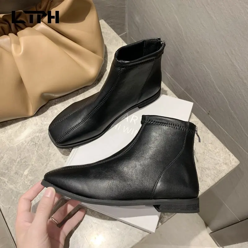 

LPTH new style flat-heel comfortable and fashionable Martin boots for autumn and winter with zipper solid color women's shoes