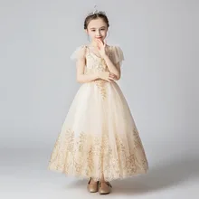 Элегантные платья для первого причастия; бальное платье для девочек с v-образным вырезом; Золотое кружево; блестки; фатиновые Вечерние Платья с цветочным узором для девочек на свадьбу