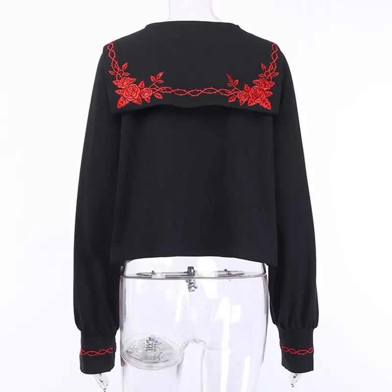 Японский стиль Лолита вышитая рубашка для женщин черный Панк Девушка топы в готическом стиле Повседневная Хип Хоп Толстовка KPOP школьная уличная Сейлор Костюм