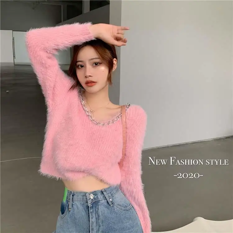 2022 Short Sweater Top Winter Korean Soft Waxy Texture Metal Chain V-neck Knitted Pullover Long-sleeved Office Ladies Clothing cable knit sweater