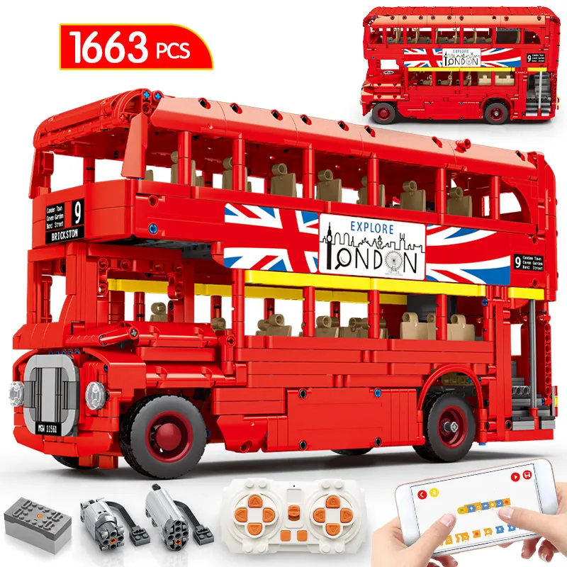 Конструктор City MOC Technic, Радиоуправляемый строительный кубик с двухслойным автобусом, с голосовым управлением через приложение, школьный авт...