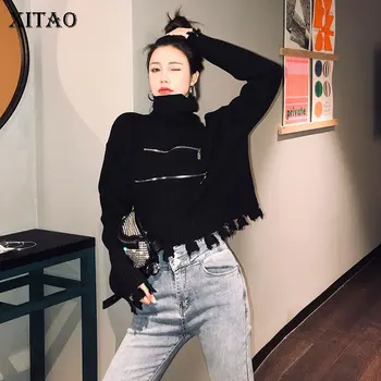 

XITAO Knitted Sweater Fashion New Women Black Full Sleeve Goddess Fan Patchwork 2020 Autumn Tassel Minority Sweater ZYQ4282