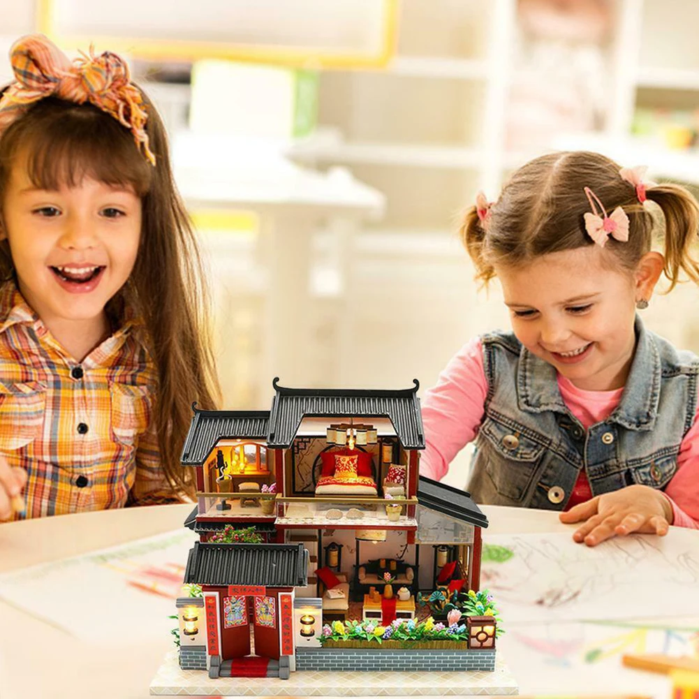 Buy LED Lighting House Model Kit Bright Color Chinese Style Toy DIY Assemble Wooden 3D Exquisite Children Intellectual Miniature