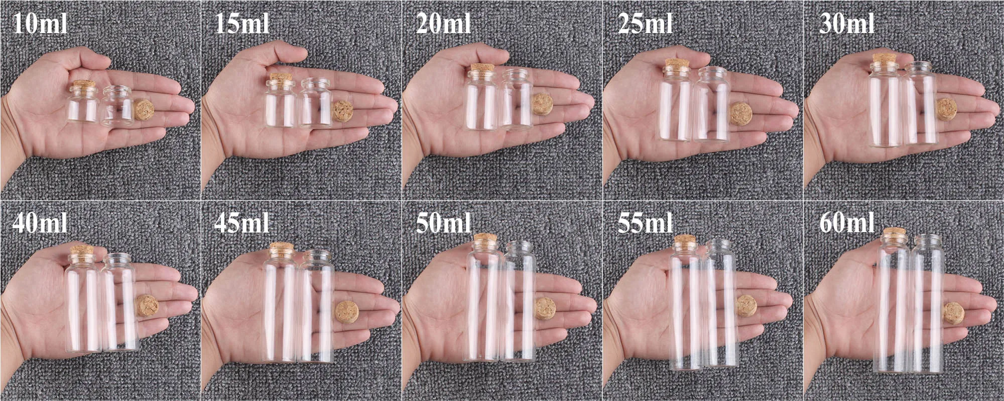 12 pieces/lot 10ml 15ml 20ml 25ml 30ml 40ml 45ml 50ml 55ml 60ml Glass Bottles With Cork Stopper Spice Jars Glass Vessels Crafts 2