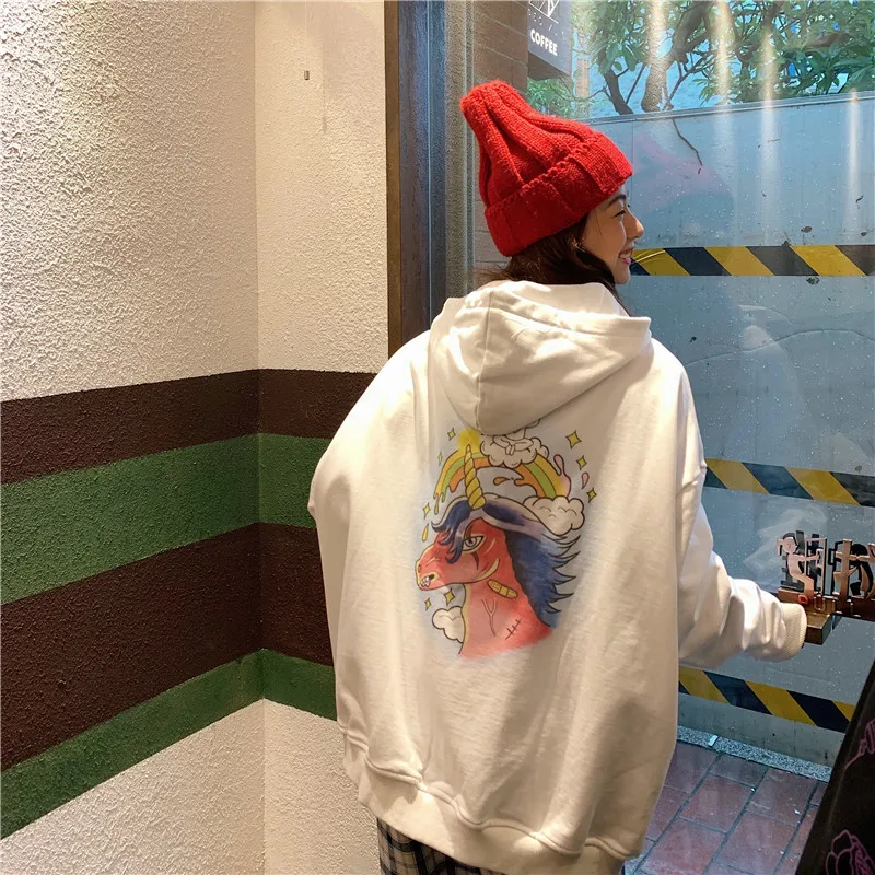 Woherb Harajuku уличная толстовка с капюшоном для женщин с рисунком животных Kpop Kawaii Толстовка для девочек Повседневный свободный жакет с капюшоном пальто