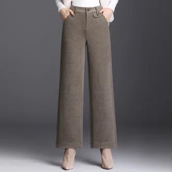 

Woolen Wide Leg Pants Woman High Waist Autumn Winter Warm Wool Office Ladies Work Business Straight Trousers Female Plus Size