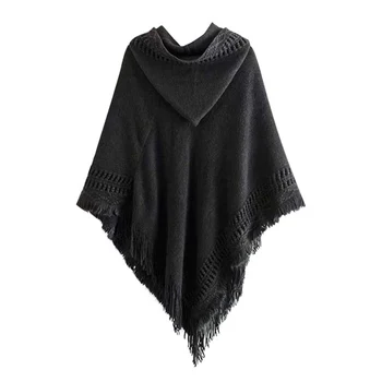 

Women Solid Color Tassel Cloak Loose Hooded Collar Long Sleeve Casual Warm Loose shawl