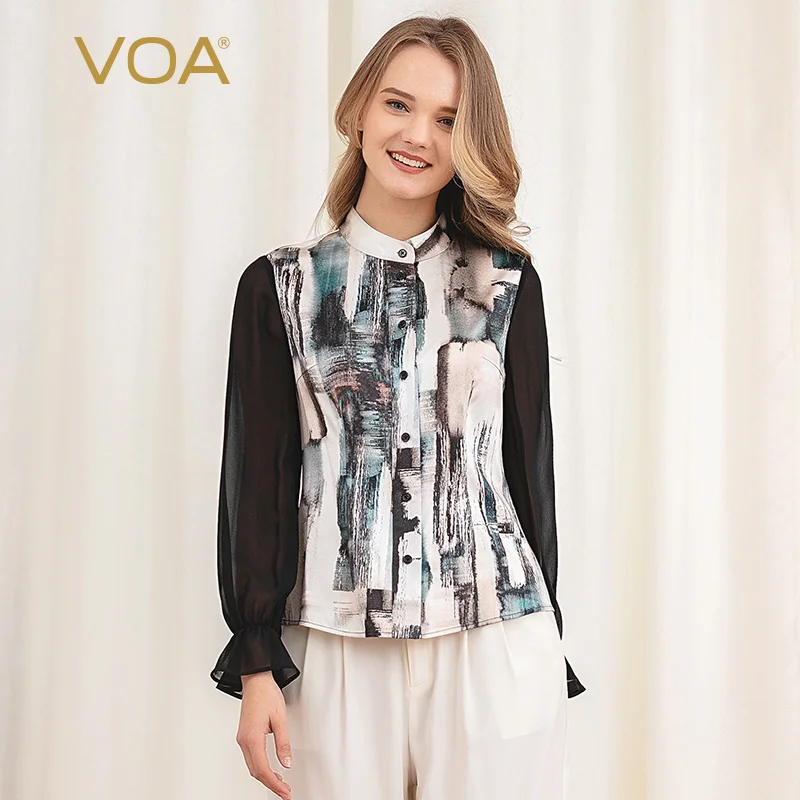 Voa Print Zijde Half-Hoge Kraag Zwart Joel Met Zijn Stiksels Losse Strakke Hoorn Lange Mouwen Trim Mini -Shirt B9009 Voa Print Zijde Half-Hoge Kraag Zwart Joel Met Zijn Stiksels Losse Strakke Hoorn Lange Mouwen Trim Mini -Shirt B9009
