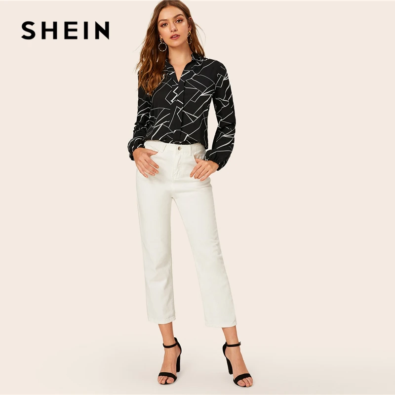 SHEIN отложной воротник случайная полоса печати Элегантная блузка футболка Женские топы Осень черный длинный рукав офисные женские блузки