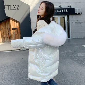 

Autumn Winter Bubble Coat 2020 New Fashion Women White Mdium Long Puffer Jacket Female Hooded Faux Fur Collar Street Warm Parkas