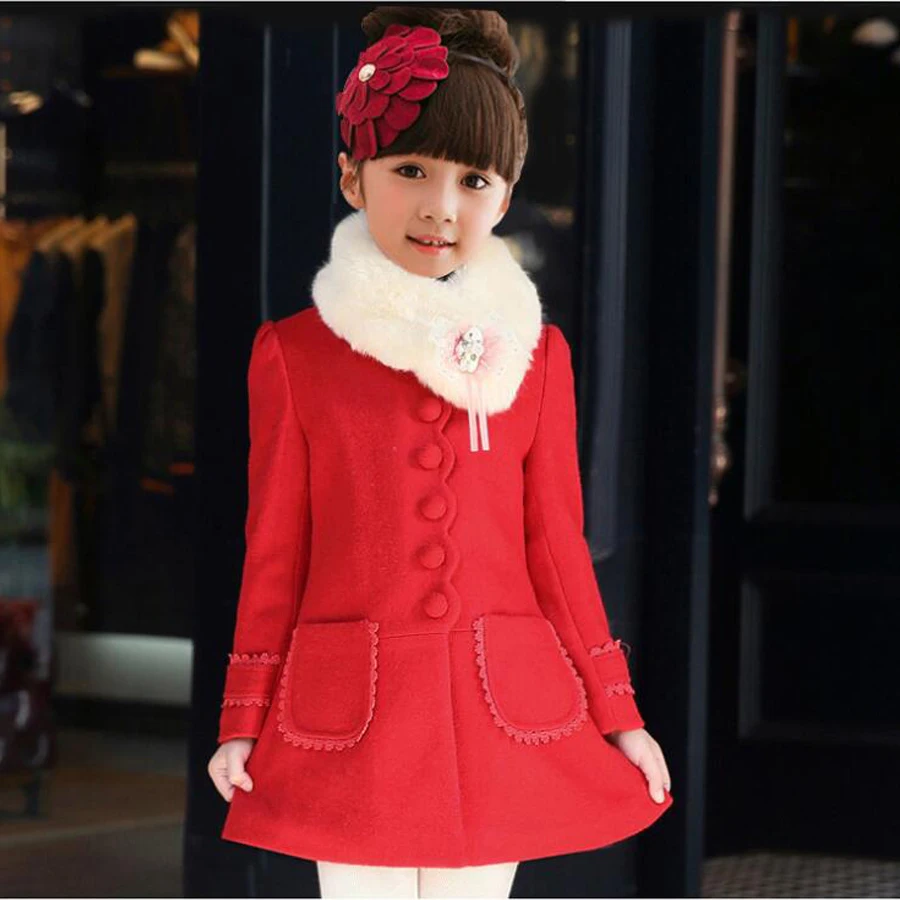 Kids Children girls woolen jacket pink thick big fur collar woolen coat princesses kids autumn winter wedding party clothes