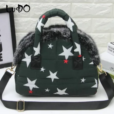 LUCDO Brand Luxury Handbag New Winter Woman Warm Space Cotton Shell Bags Designer Rabbit Fur Bag Ladies Jacket Shoulder Bag - Цвет: Green Pentagon