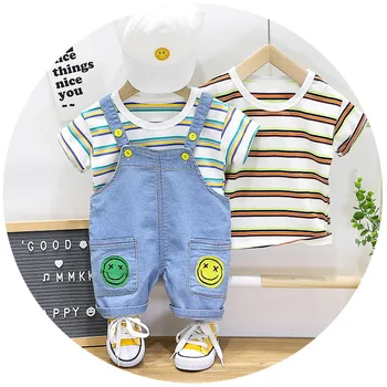 

Summer Baby Boys Girls Clothes Cotton Children Stripe T Shirts Denim Bib Shorts 2Pcs/sets Infant Kids Fashion Toddler Tracksuits