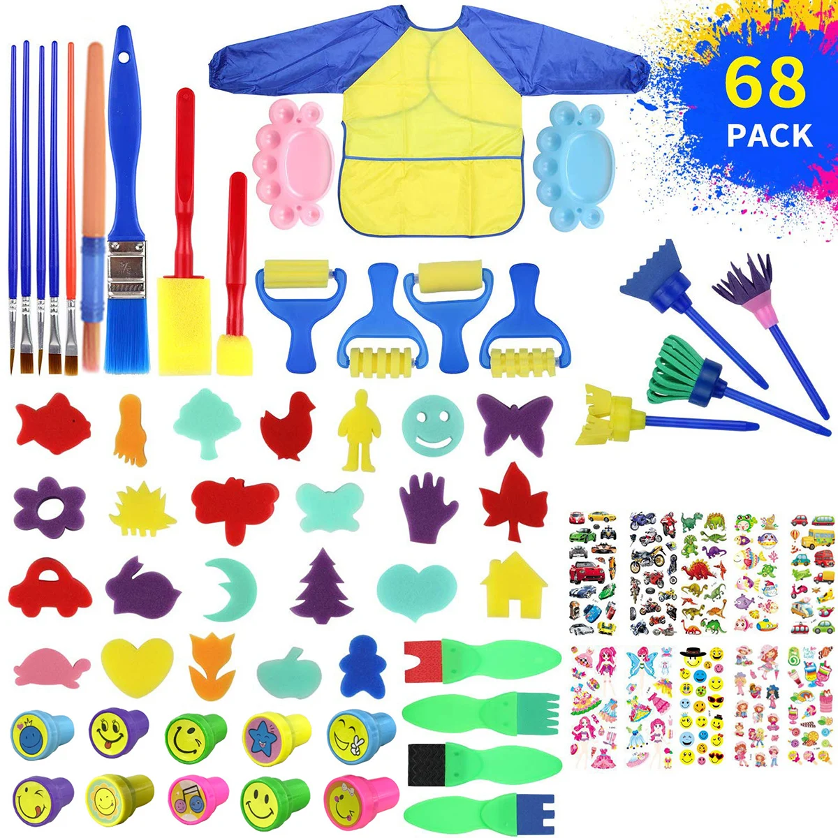 

68pcs/Lot Kids Sponge Painting Brushes Set Child Painting Brushes Stamps Stickers Long Sleeve Waterproof Apron Drawing Art Sets