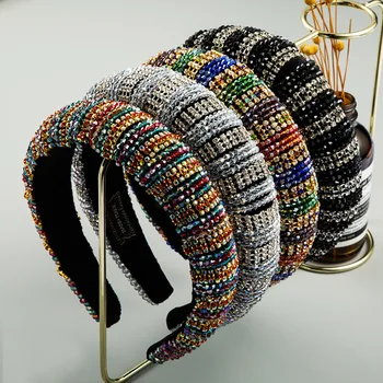 

2020 Ins Trendy Multicolor Crystal Hairbands For Women Cute Wide Sponge Circle HeadBands Handmade Beaded Headbands Jewerly