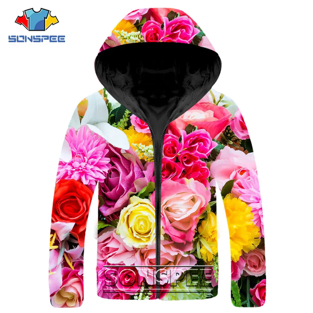SONSPEE Casual Hip Hop Parkas 3D Print Fashion Flower Sunflower Rose Graphics Down Jacket Winter Keep Warm Streetwear Coats