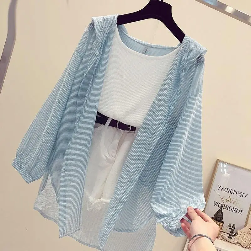 Summer Korean Loose Thin Long-sleeve  Hooded Cardigan Anti-ultraviolet Breathable Ice Silk Sunscreen Shirt Women Y186