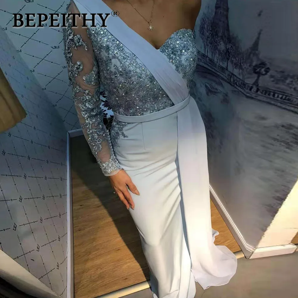 

BEPEITHY One Shoulder Wedding Party Dress Long Sleeve 2019 Vestido De Festa Long Evening Prom Dress
