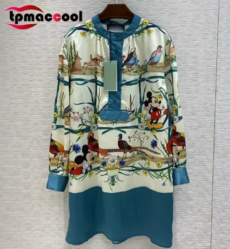 

Tpmaccool luxury designer women summer dresses HIGH END Spring New Retro Style round Neck Silk Cartoon Printed mini party Dress