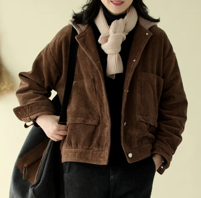 Winter jackets Women Retro Loose Thicker Corduroy Warm Coat New Hooded Button pocket Casual All-match jackets