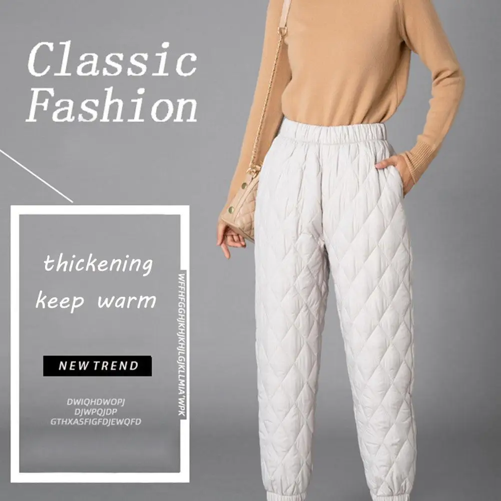 Women Winter Warm Down Cotton Pants Padded Quilted Trousers Elastic Waist Casual Trousers