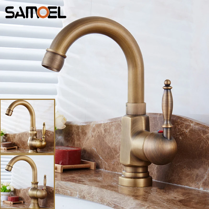 

European Style Antique Brass Bathroom Basin Faucet Single-hole Retro Copper Rotatable Sink Cold Hot Water Mixer AF1020