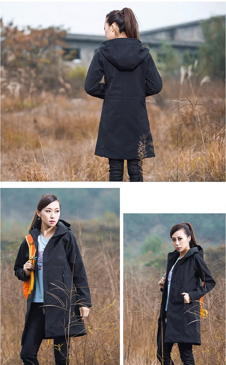 Woman's Coat Outdoor Long Style Fleece Hiking Camping Trekking Casual Sports Hooded Jacket Windbreaker Soft Shell Clothing