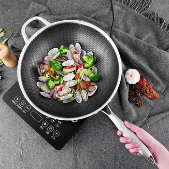 

304 Stainless Steel Wok Uncoated Two-sided Five-layer Steel Wok Pan Cooking Pot Cast Iron Skillet Wok Tools Chinese Cooking Pots