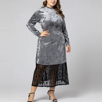 

Velvet Dress Midi Patchwork Plus Size Women Dresses Casual Femme Lace Dress Long Sleeve O-neck Party Dress Elegant Robe Female