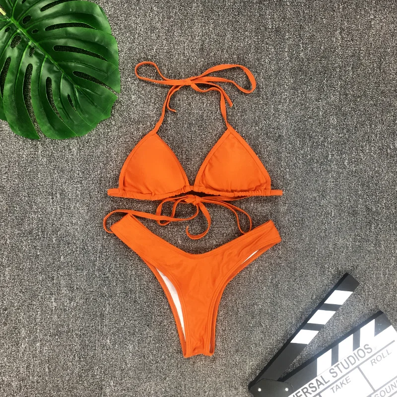 

Orange Color Sexy Bandage Bikini Set Push Up Swimwear High Cut Swimsuit Thong Cut Out Brazilian Bathing Suit Beach Suit 2019
