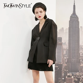 

TWOTWINSTYLE Elegant Blazer Coats For Women Notched Collar Long Sleeve Ruched Tunic Casual Suit Female Fashion Tide 2020 Clothes