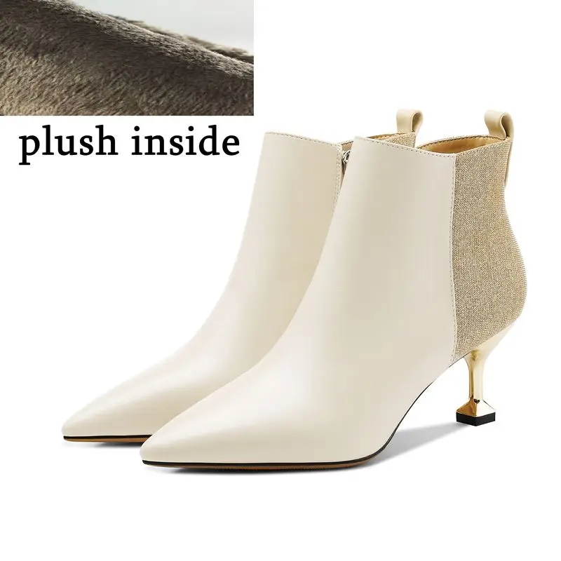 plush inside ALLBITEFO/горячая распродажа; пикантные ботильоны для женщин из натуральной кожи на высоком каблуке; женские ботинки с блестками; зимняя обувь; кожаные ботинки - Цвет: plush inside