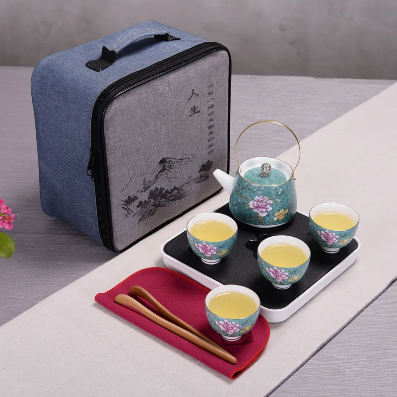 Ручной росписью Китайский керамический чайный сервиз портативный дорожный чайный набор кунг-фу офисные чашки контейнер для кофе с сумкой автомобильный чайный сервиз - Цвет: 9pcs