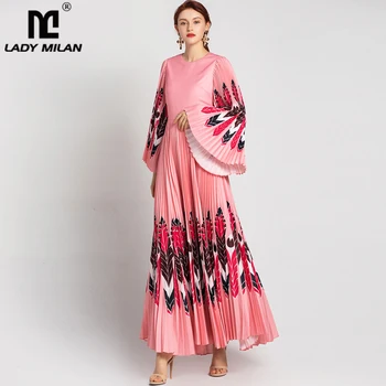 

Women's Runway Dresses O Neck Long Flare Sleeves Printed Pleated Elegant Maxi Designer Party Prom Dress